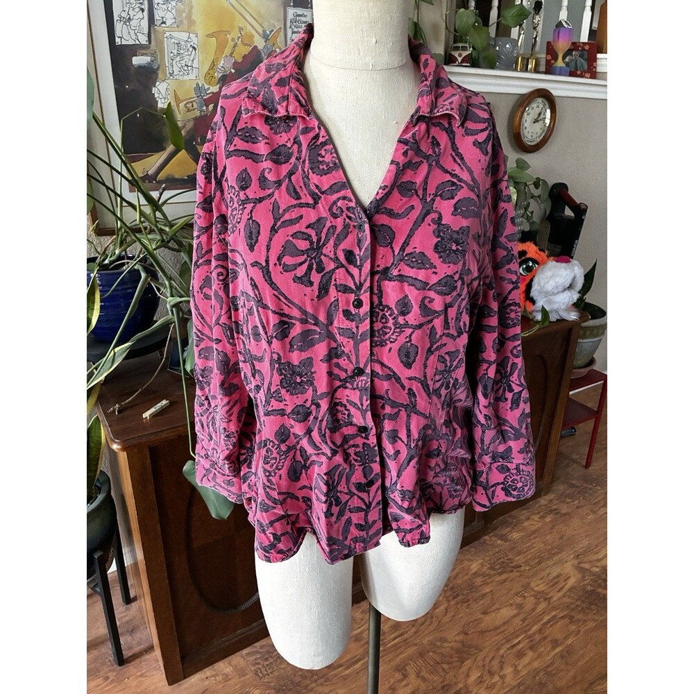 Vtg Tianello Red Black Paisley Boho Western Beach Button Casual Wearable Art Lg